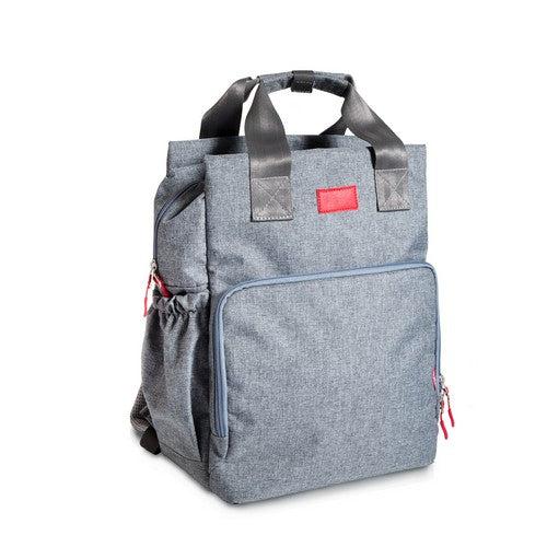 Grey diaper backpack with front pocket and side compartments