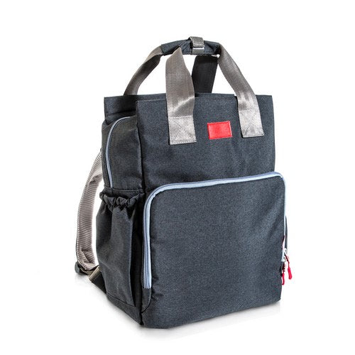 Stylish gray diaper backpack with multiple compartments and padded straps