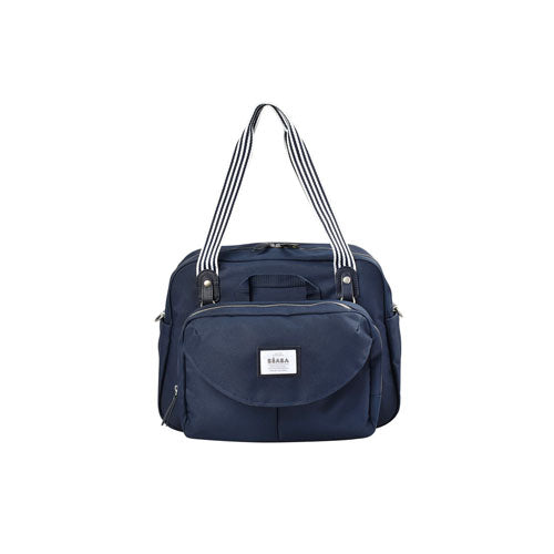 Navy blue diaper bag with striped shoulder straps
