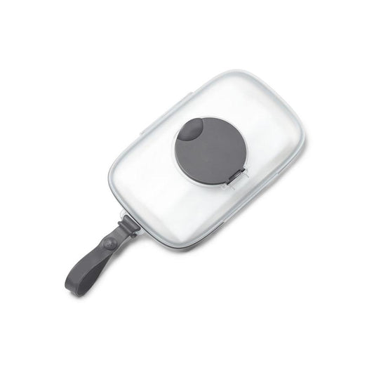 Portable grey travel wipes case with strap