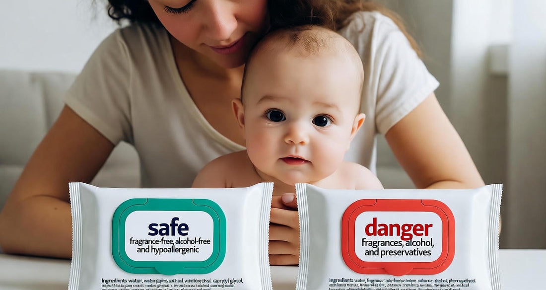Mom and baby comparing fragrance-free safe wipes versus wipes with preservatives