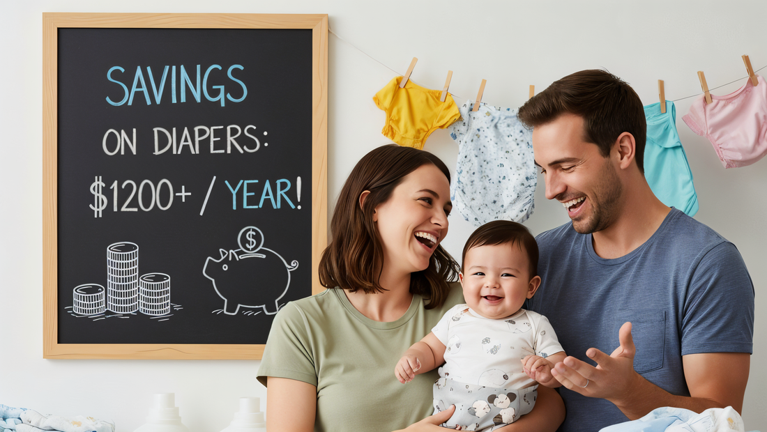 Happy parents with baby in front of chalkboard showing diaper savings of $1200 per year