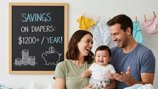 Happy parents with baby in front of chalkboard showing diaper savings of $1200 per year