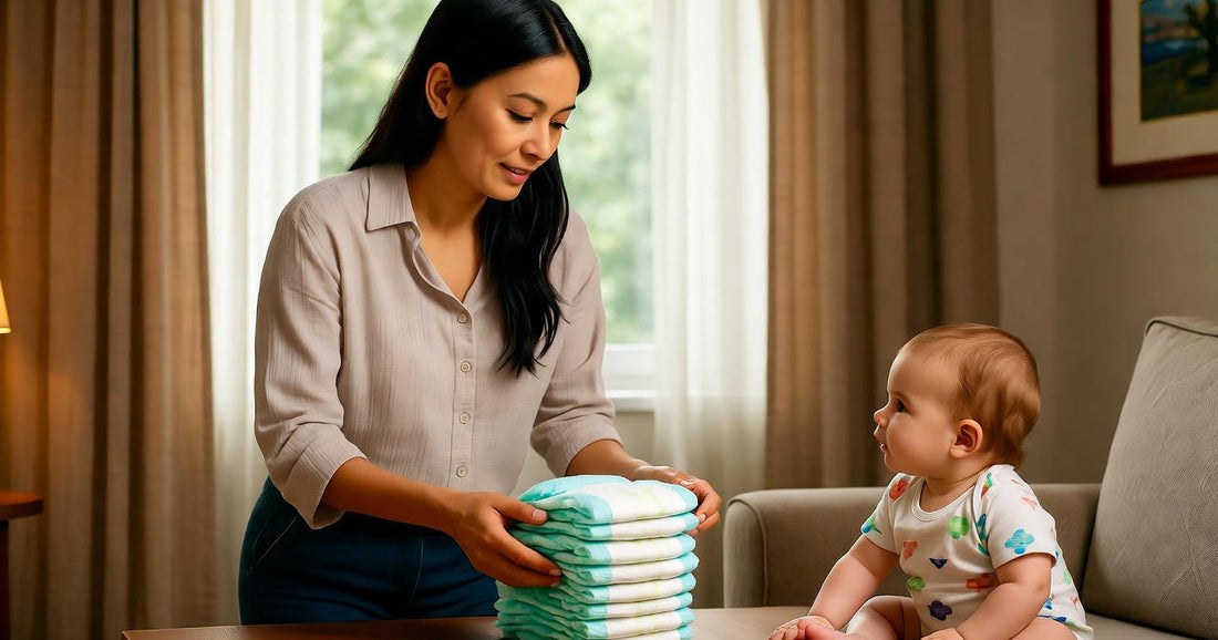 Mom folding a stack of baby diapers beside her infant