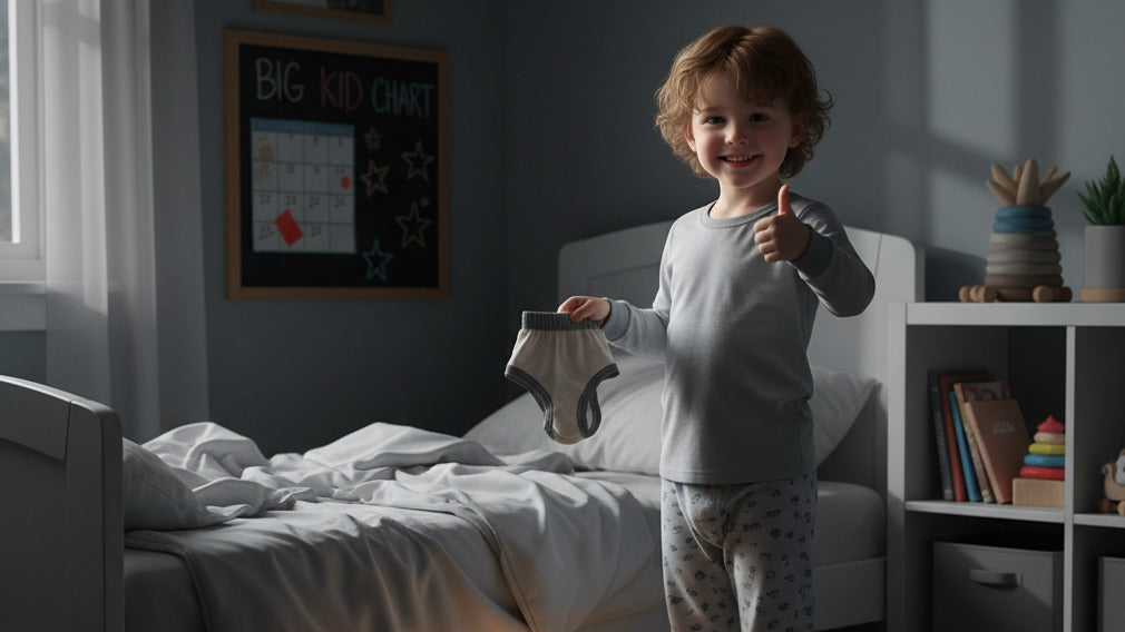 Happy toddler giving thumbs up after staying dry all night, holding underwear next to bed