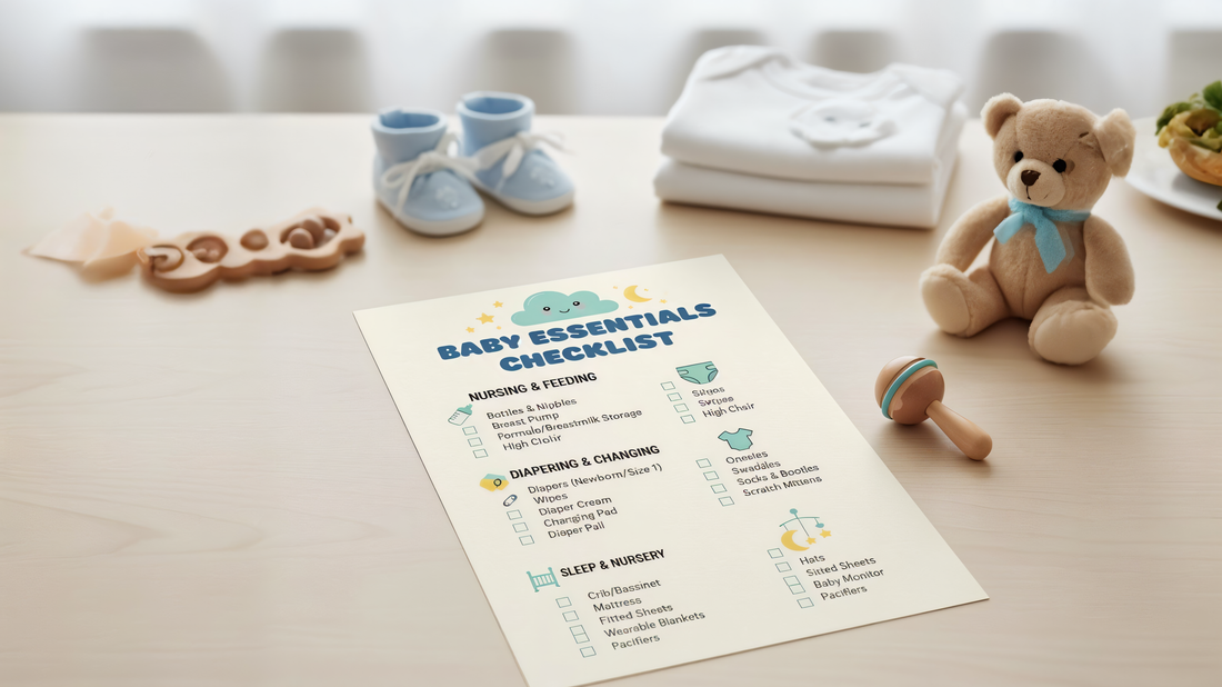 Baby essentials checklist on table with teddy bear, rattle, and baby shoes
