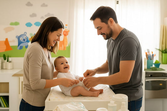 Parents checking diaper size for baby and measuring fit during diaper change at home