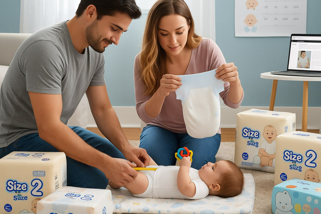 Parents checking diaper size for baby and measuring fit during diaper change at home