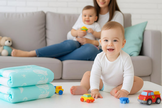 Smiling baby playing with toys on table while mother holds another baby on sofa with diapers nearby